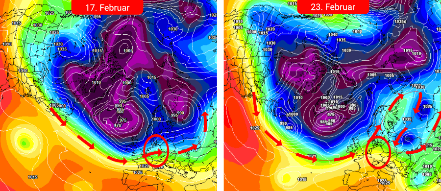 Zonalisierung links, Hochdruck rechts - vom Winter keine Spur