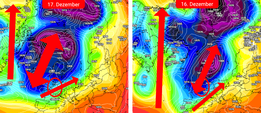 Links die Wetterprognose der Amerikaner mit einer durchgreifenden Milderung in der Vorweihnachtszeit. Rechts die Prognose der Deutschen, mit winterlichen Wetteraussichten