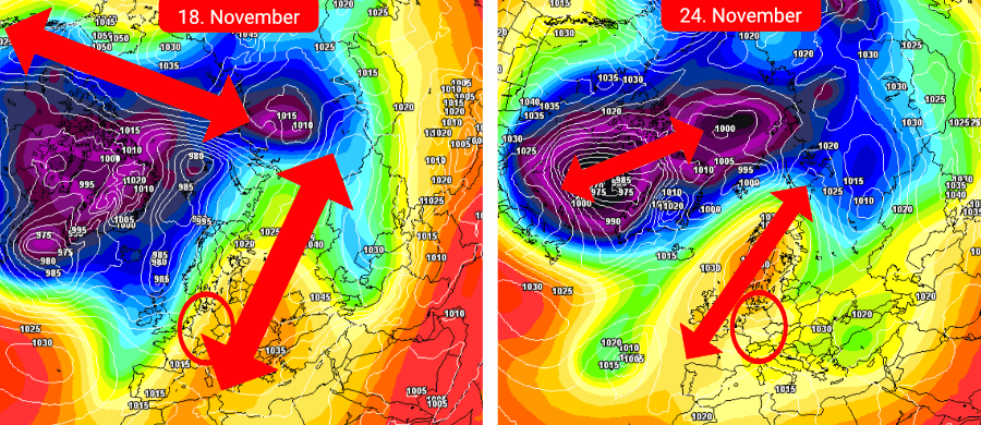 Die Hochdruckdominanz mit einer ungewöhnlichen Erhaltungsneigung - zu erkennen ist am 24. November der Ansatz einer kühlen Ostwetterlage