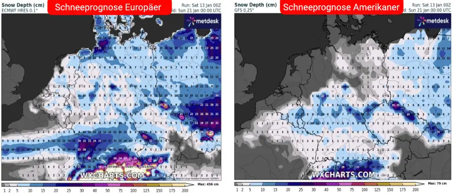 Die Schneeprognose der Vorhersage-Modelle bis zum 21. Januar Die Schneeprognose der Vorhersage-Modelle bis zum 21. Januar