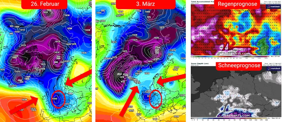 Ein Trog über Mitteleuropa kann ab den mittleren Lagen für winterliche Wetterverhältnisse sorgen