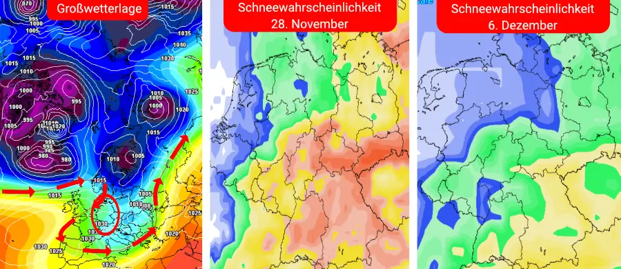 Links die Großwetterlage bis zum 6. Dezember, in der Mitte die Schneewahrscheinlichkeit bis zum 28. November und rechts die Wahrscheinlichkeit für Schnee bis zum 6. Dezember Links die Großwetterlage bis zum 6. Dezember, in der Mitte die Schneewahrscheinlichkeit bis zum 28. November und rechts die Wahrscheinlichkeit für Schnee bis zum 6. Dezember