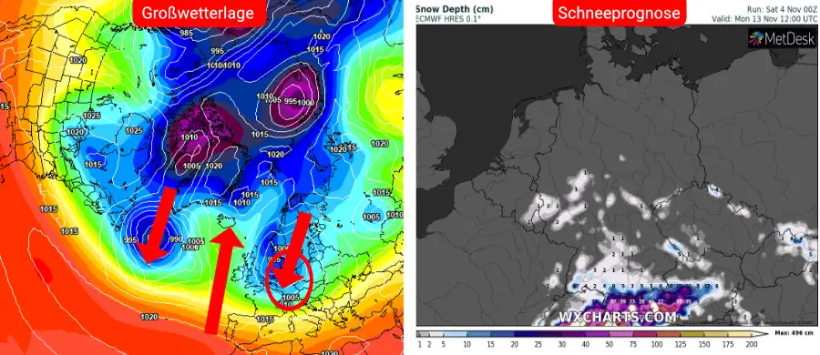 Downstream-Development mit absinkender Schneefallgrenze samt winterlichen Wetterverhältnissen ab den mittleren Lagen Downstream-Development mit absinkender Schneefallgrenze samt winterlichen Wetterverhältnissen ab den mittleren Lagen
