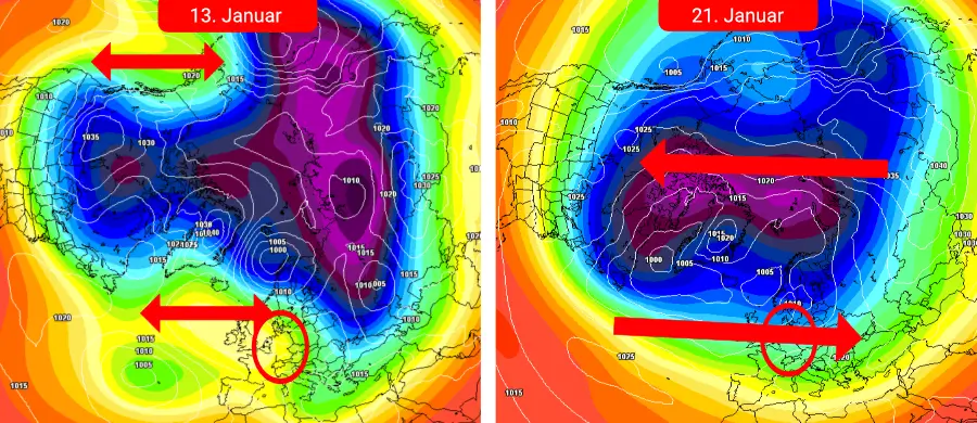 Eine winterliche Wetterentwicklung mit Kippmuster auf eine Westwetterlage Eine winterliche Wetterentwicklung mit Kippmuster auf eine Westwetterlage