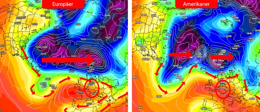 Das Hoch setzt sich über Mitteleuropa durch - gleichzeitig setzt sich der Polarwirbel nach Skandinavien durch