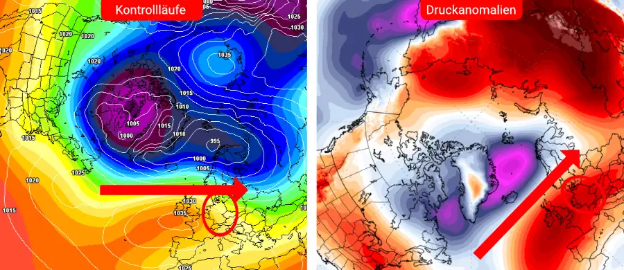 Das Hoch über Mitteleuropa ist eine sehr wahrscheinliche Wetterentwicklung. Das Hoch aber positioniert sich westlich von Europa, während der Polarwirbel nach Skandinavien übergreift