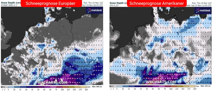 Die Schneeprogose der Vorhersage-Modell bis zum 24. November - insbesondere über dem Süden ist unwetterartiger Schneefall zum aktuellen Stand nicht auszuschließen Die Schneeprogose der Vorhersage-Modell bis zum 24. November - insbesondere über dem Süden ist unwetterartiger Schneefall zum aktuellen Stand nicht auszuschließen