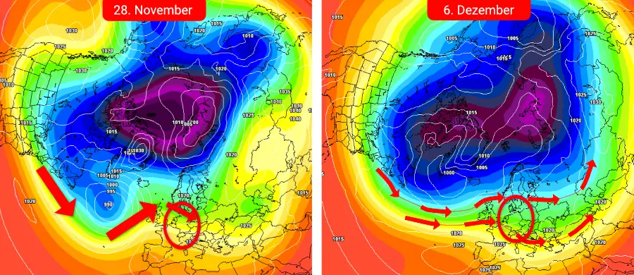 Eine nasskalte Wetterentwicklung wird Anfang Dezember zunehmend wahrscheinlicher Eine nasskalte Wetterentwicklung wird Anfang Dezember zunehmend wahrscheinlicher
