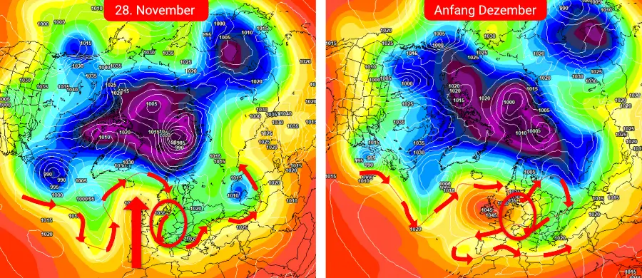 Ein Hochdruckkern positioniert sich Anfang Dezember über England - Deutschland liegt im Einflussbereich der östlichen Hochdruckgradienten Ein Hochdruckkern positioniert sich Anfang Dezember über England - Deutschland liegt im Einflussbereich der östlichen Hochdruckgradienten