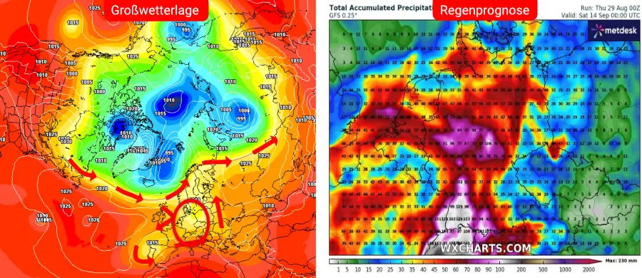 Sommerwetter bis Mitte September - Die Erhaltungsneigung mit einem Hoch über Mitteleuropa Ein Störimpuls verlagert sich vom 5. bis 12. September langsam nach Osten und sorgt mit unwetterartigem Niederschlag für ein Ende des Hochsommers