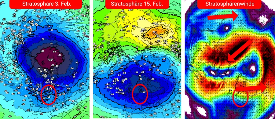 Kräftiges Warming in Stratosphärenhöhe mit Ansatz zu einem Major-Warming - letztlich aber kommt es entlang des 60. Breitenrades nicht zu einer Windumkehr Kräftiges Warming in Stratosphärenhöhe mit Ansatz zu einem Major-Warming - letztlich aber kommt es entlang des 60. Breitenrades nicht zu einer Windumkehr