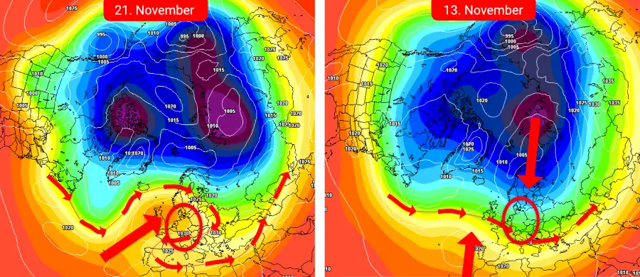 Das Muster kippt allmählich auf Nordwest und ermöglicht in der zweiten Novemberdekade eine zunehmend nasskalte und windige Wetterentwicklung Das Muster kippt allmählich auf Nordwest und ermöglicht in der zweiten Novemberdekade eine zunehmend nasskalte und windige Wetterentwicklung