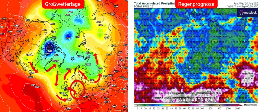 Das Tief über Skandinavien verliert seinen Einfluss auf das Wetter über Deutschland, während ein Tief zwischen Island und England nach Süden austrogt und Schauer und Gewitter nach Deutschland führt